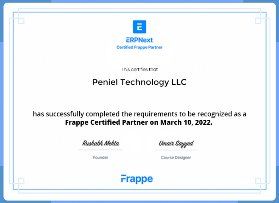 ERPNext Certified Partner certificate
