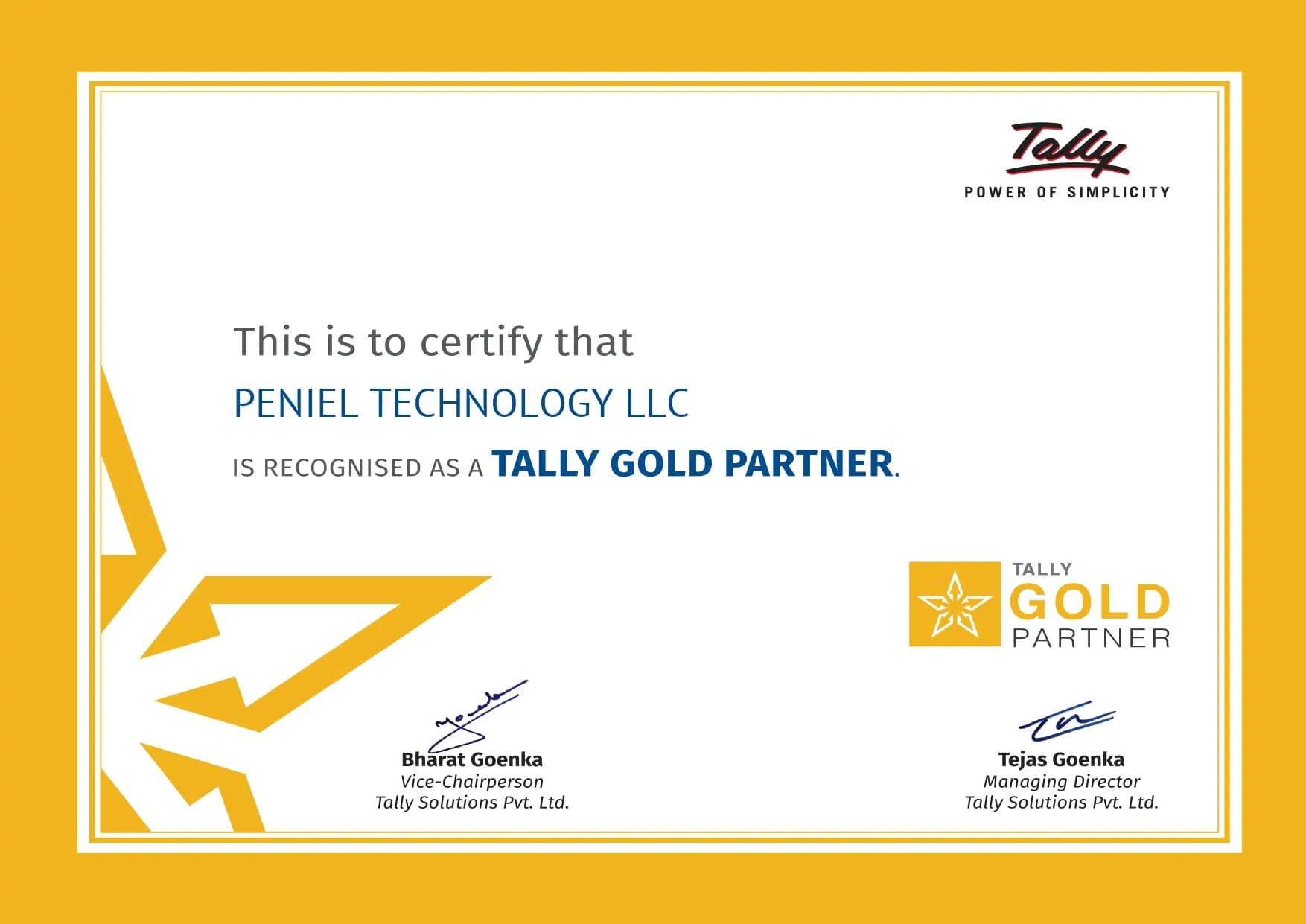 Tally Gold certificate