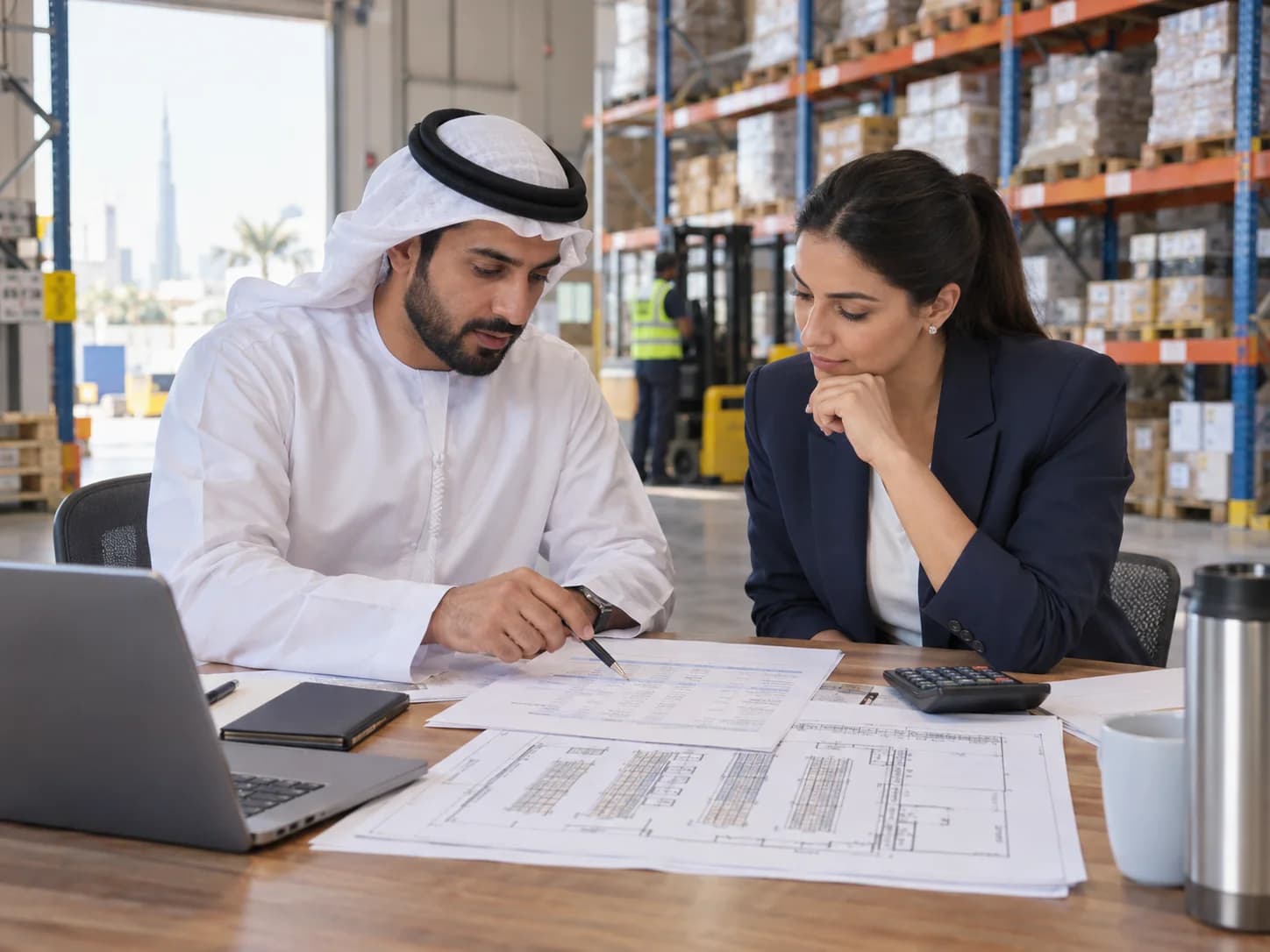 Warehouse manager and finance colleague review implementation costs