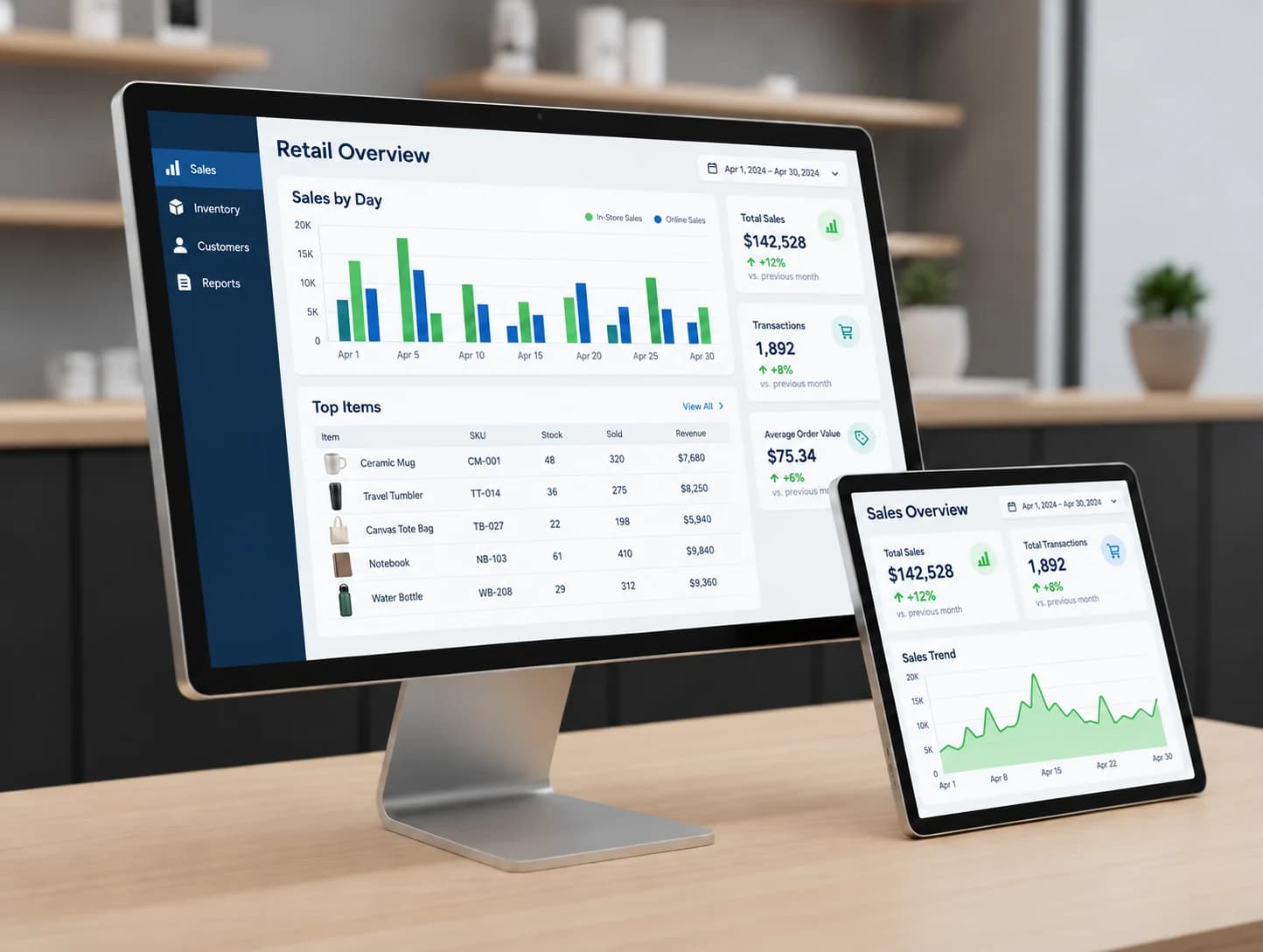 Illustrative retail sales and inventory dashboards on a desktop monitor and tablet