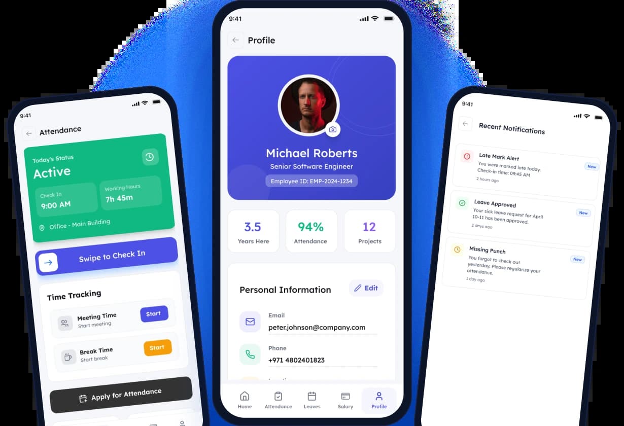 Elate mobile app screens for attendance, profile and notifications