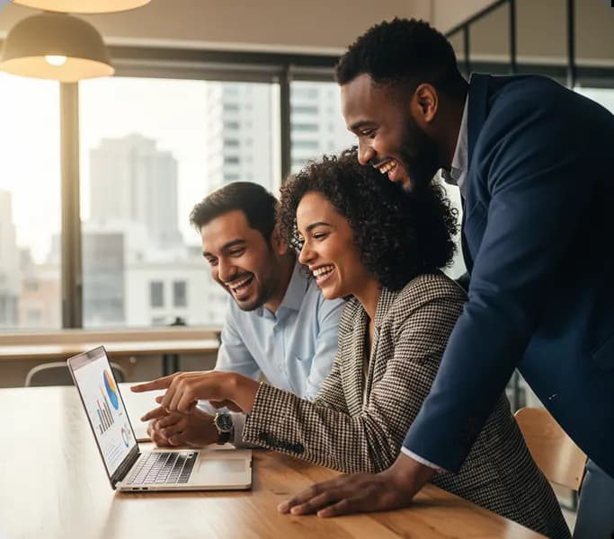 A business team collaborating around a laptop