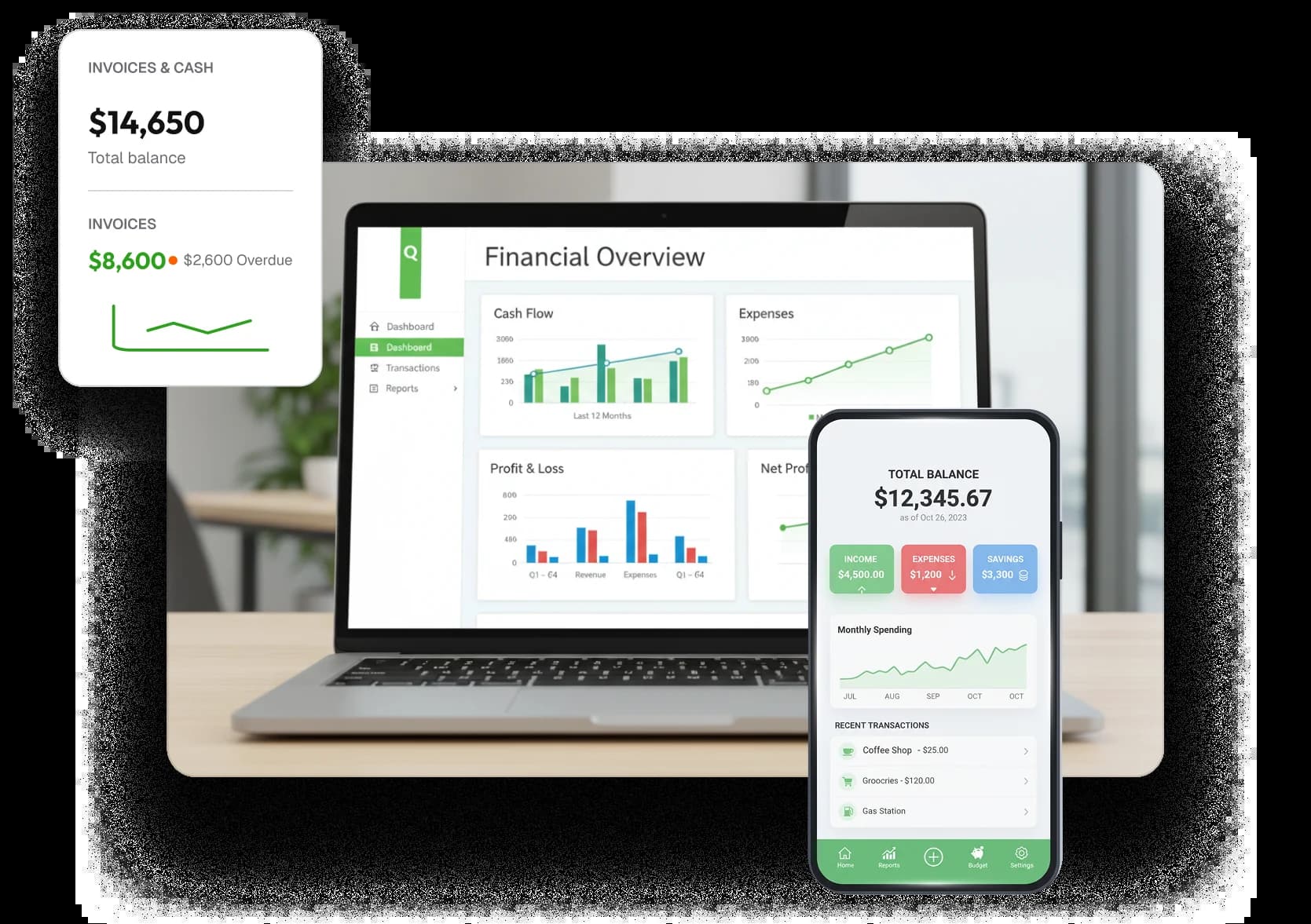 QuickBooks Cloud dashboard shown across desktop and mobile devices