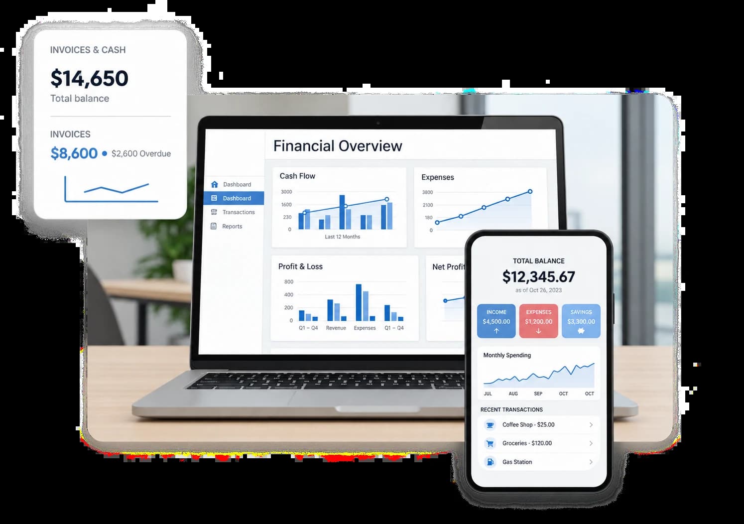 Illustrative cloud accounting dashboard shown across desktop and mobile devices