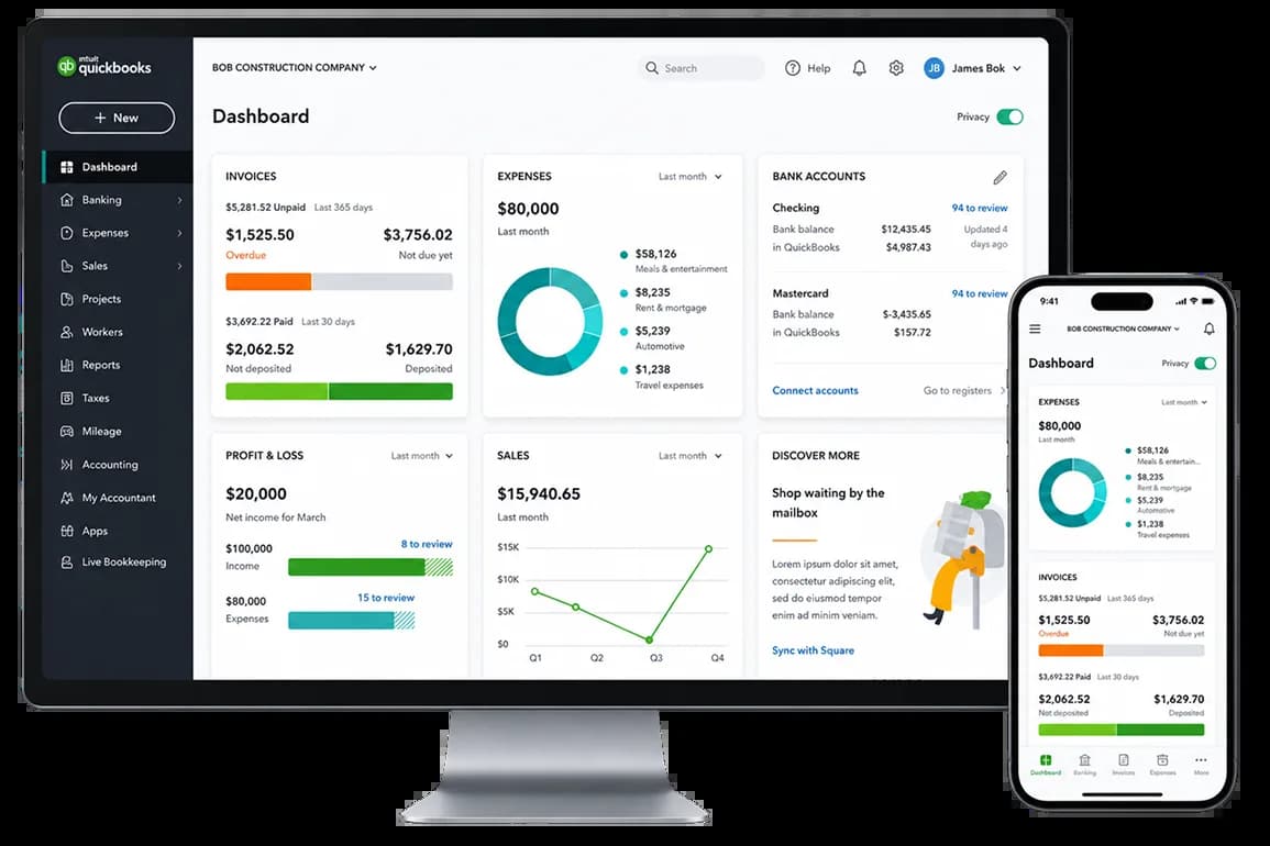 QuickBooks dashboard displayed on desktop and mobile devices