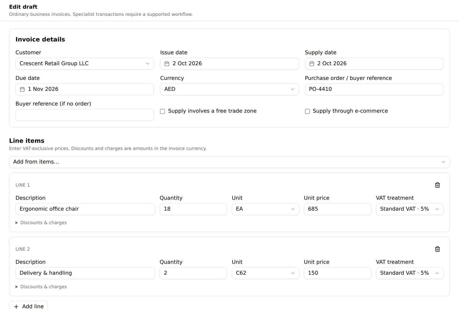 Elate Tax Connect invoice editor with customer, dates, currency and two invoice lines set to standard VAT at 5%