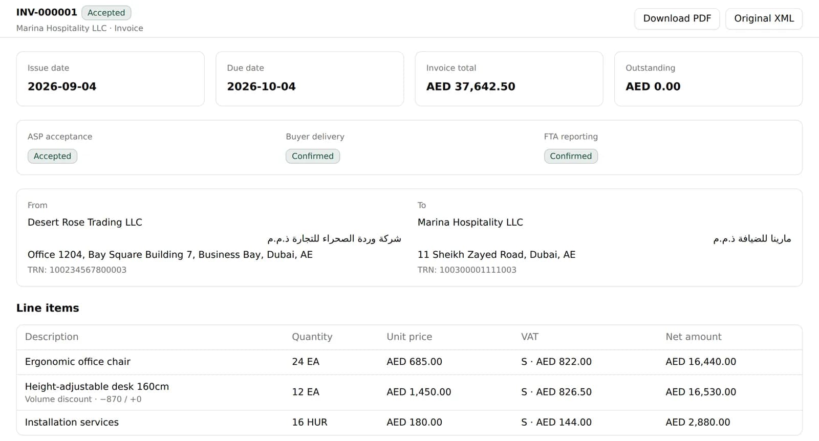 Invoice INV-000001 in Elate Tax Connect showing ASP acceptance accepted, buyer delivery confirmed and FTA reporting confirmed