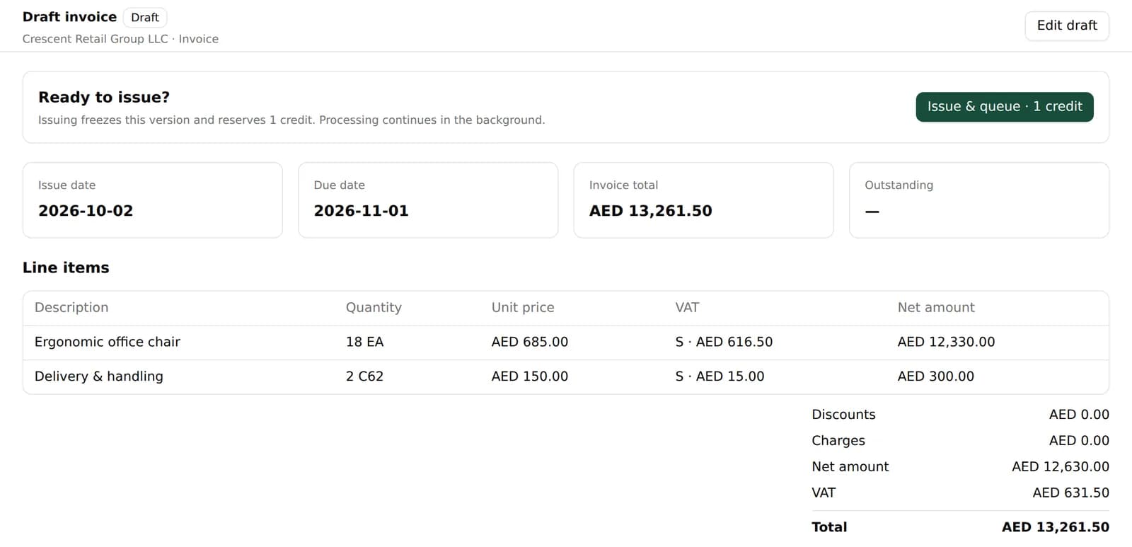 A draft invoice in Elate Tax Connect with the Issue and queue, 1 credit button, line items and totals
