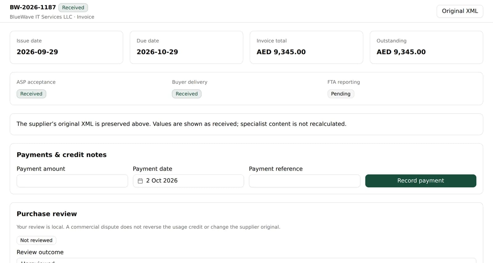 A received supplier invoice in Elate Tax Connect with its status, payment form and purchase review options