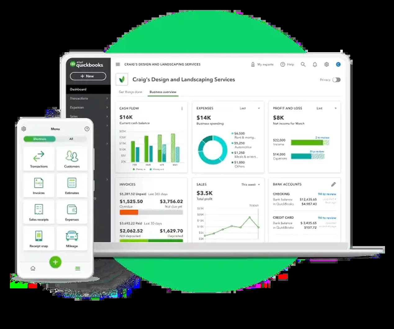 QuickBooks dashboard on laptop and phone