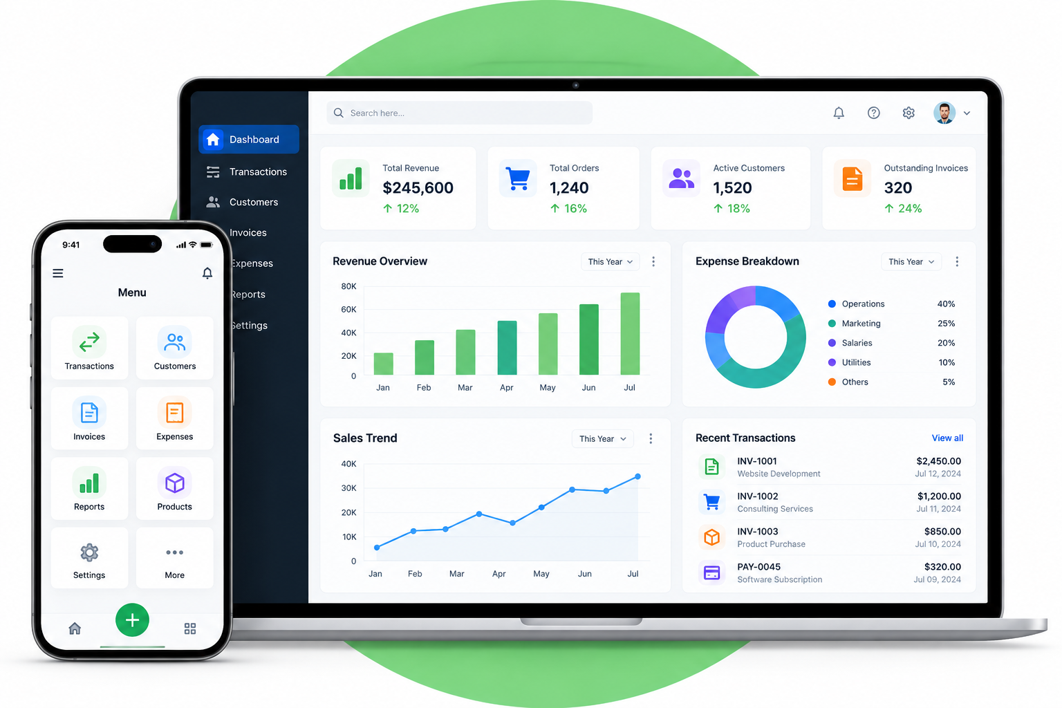 Illustrative accounting dashboard on a laptop and mobile phone