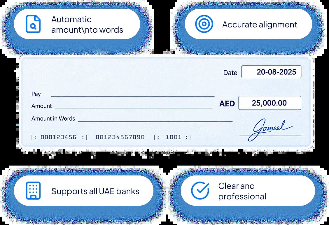 Cheque printing features with an aligned UAE bank cheque preview