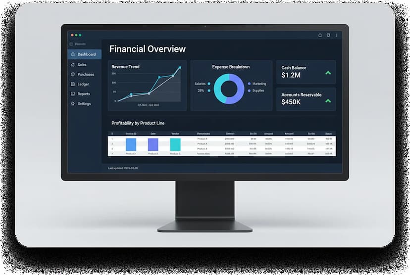 Illustrative accounting dashboard on a desktop monitor