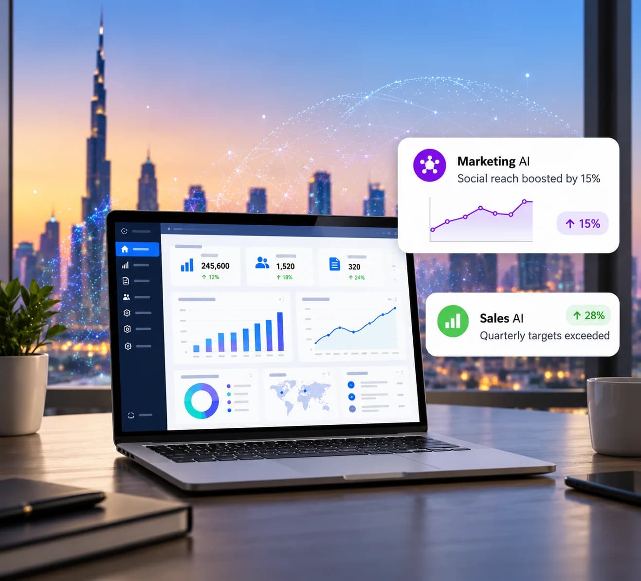 Laptop dashboard overlooking the Dubai skyline