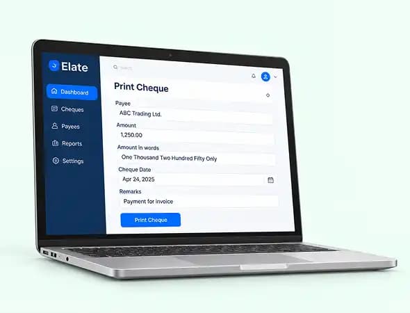 Elate cheque printing software displayed on a laptop