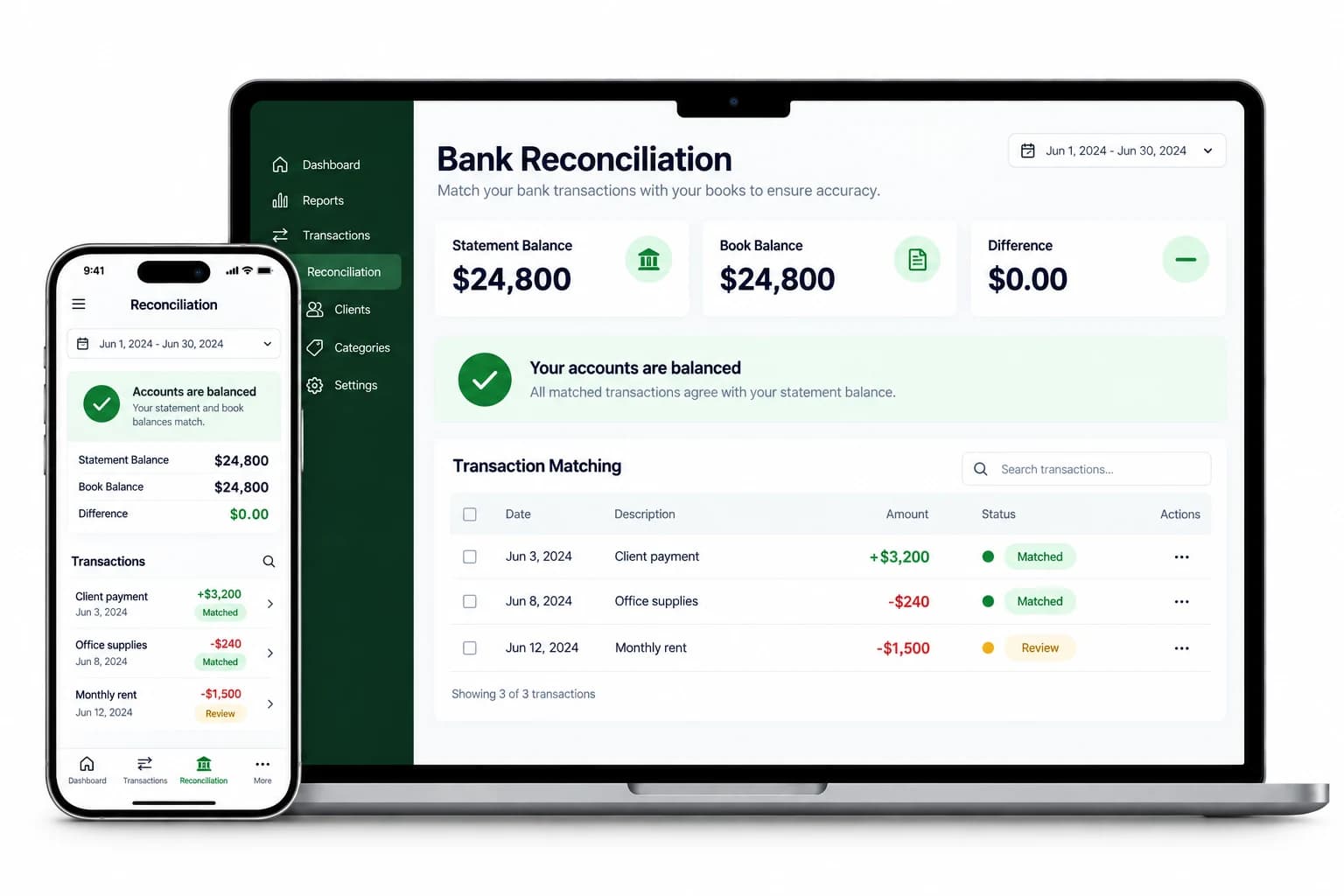 Illustrative bank reconciliation and transaction matching on a laptop and phone