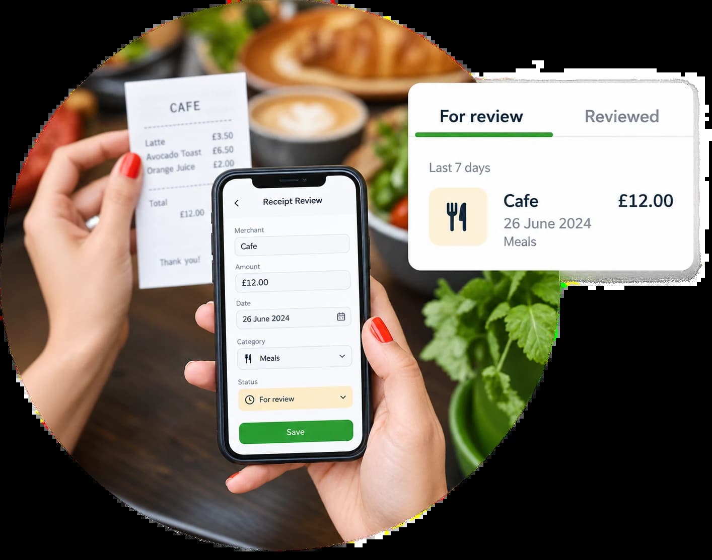 Phone showing receipt capture and review for VAT records