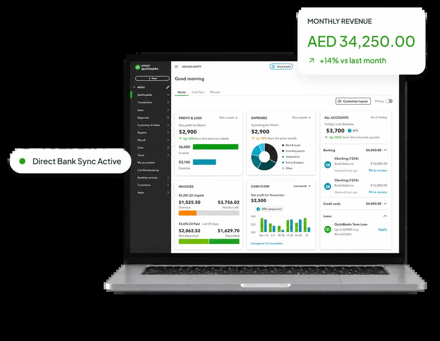 QuickBooks dashboard on a Mac with bank sync and monthly revenue status