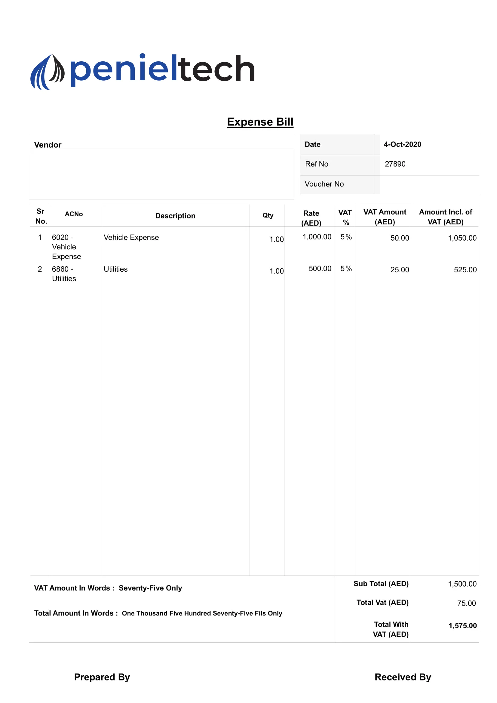 Expence Bill in QuickBooks - Penieltech