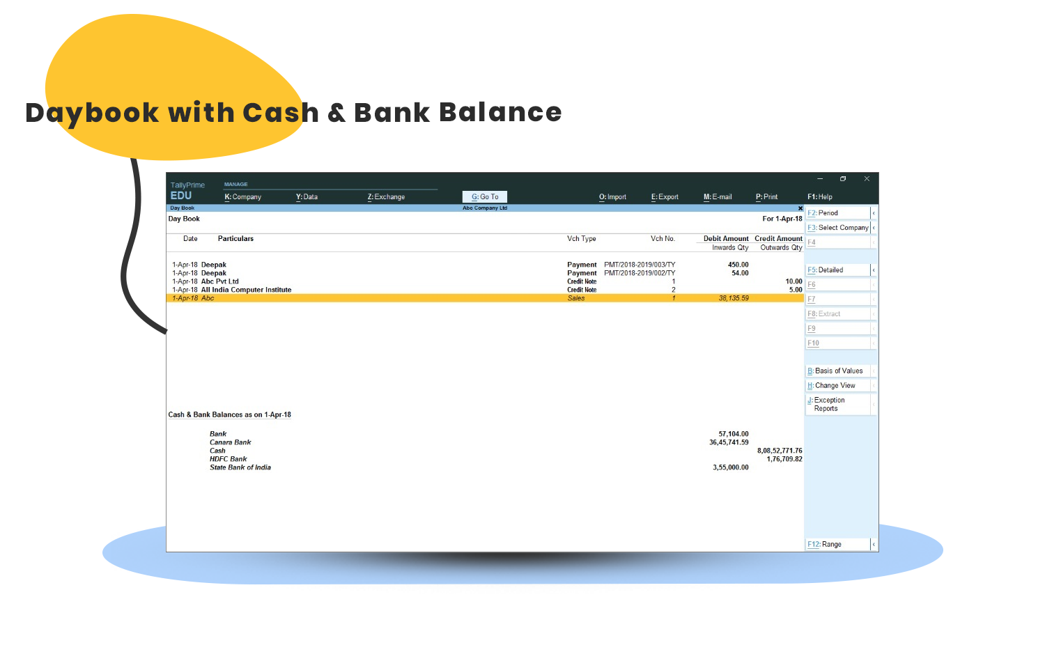 Daybook Cash Bank Balance tally customization